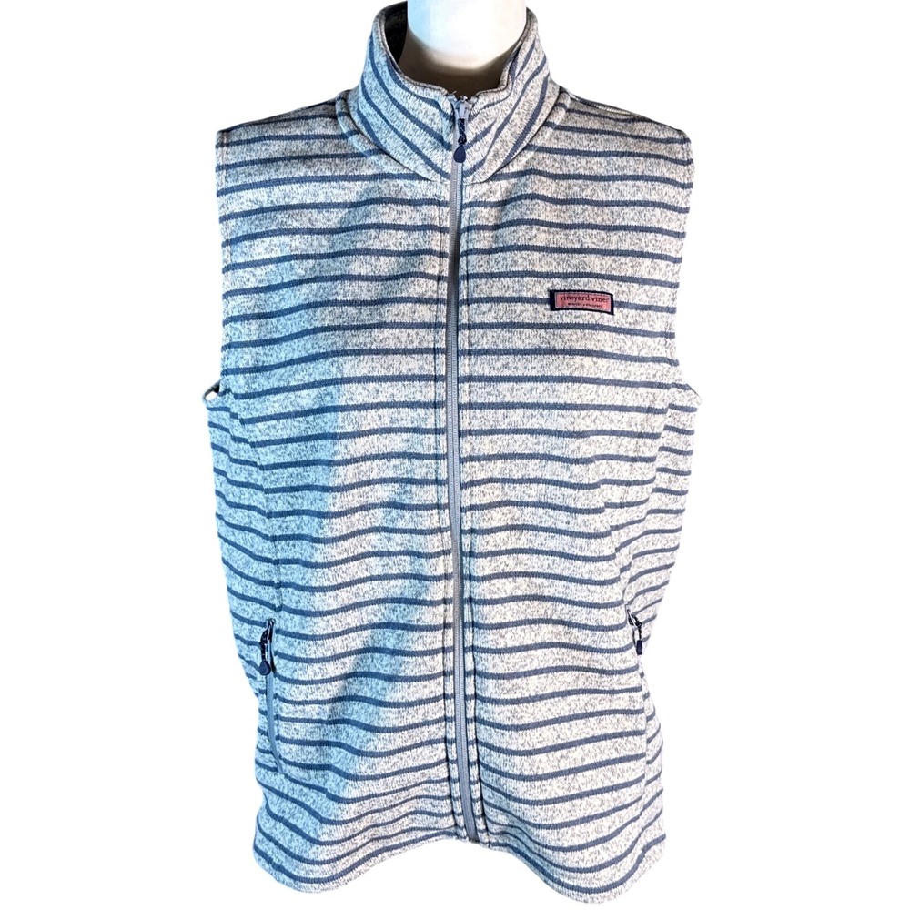 Vineyard Vines Sweater Vest Fleece Interior Women's XL Blue Striped Full Zip